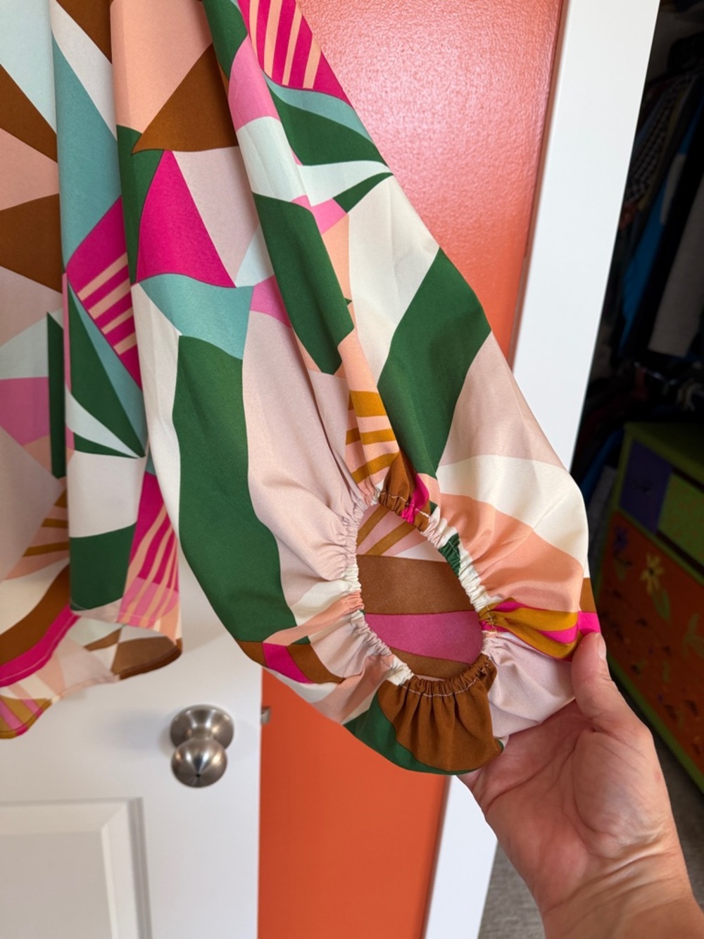 JODIFL Geometric V-Neck Blouse in Pink, Green & Brown - Picture 3 of 5
